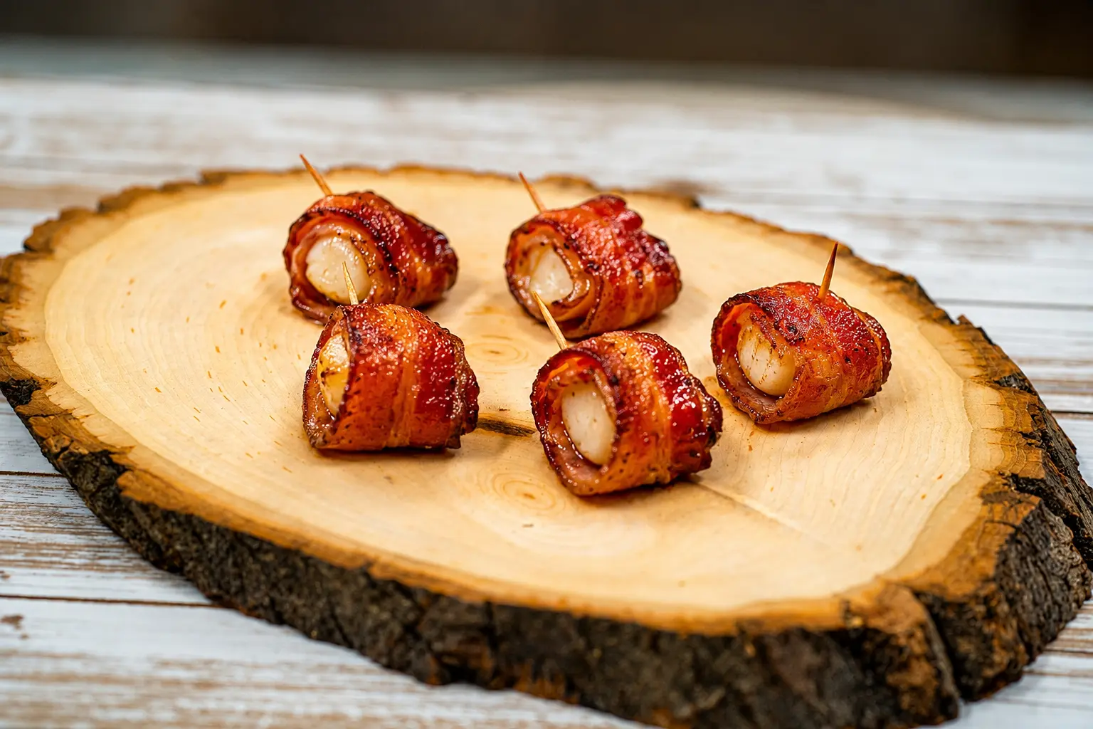 Bacon wrapped scallops passed at a Connecticut wedding cocktail hour