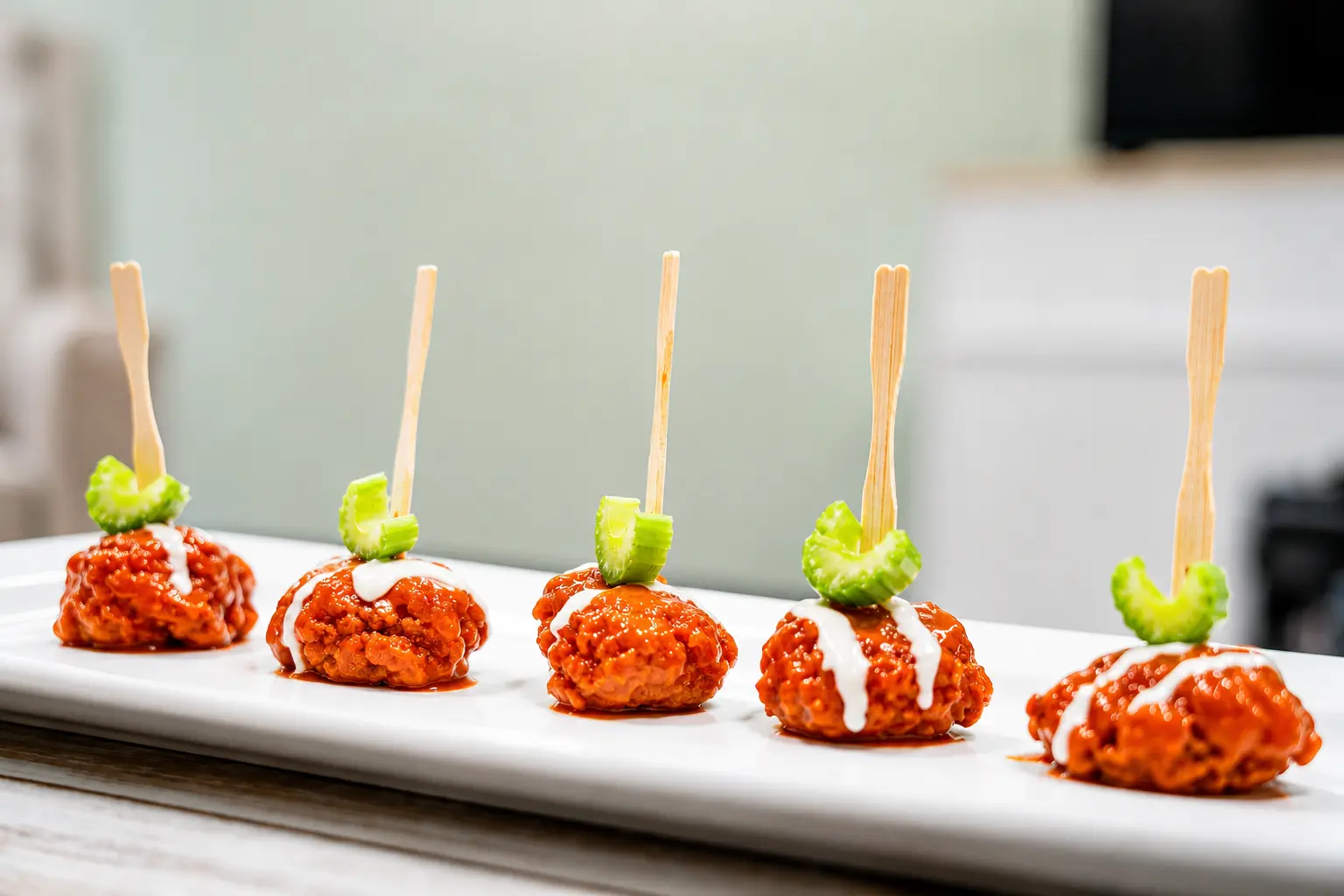 Buffalo chicken bites with blue cheese drizzle and celery