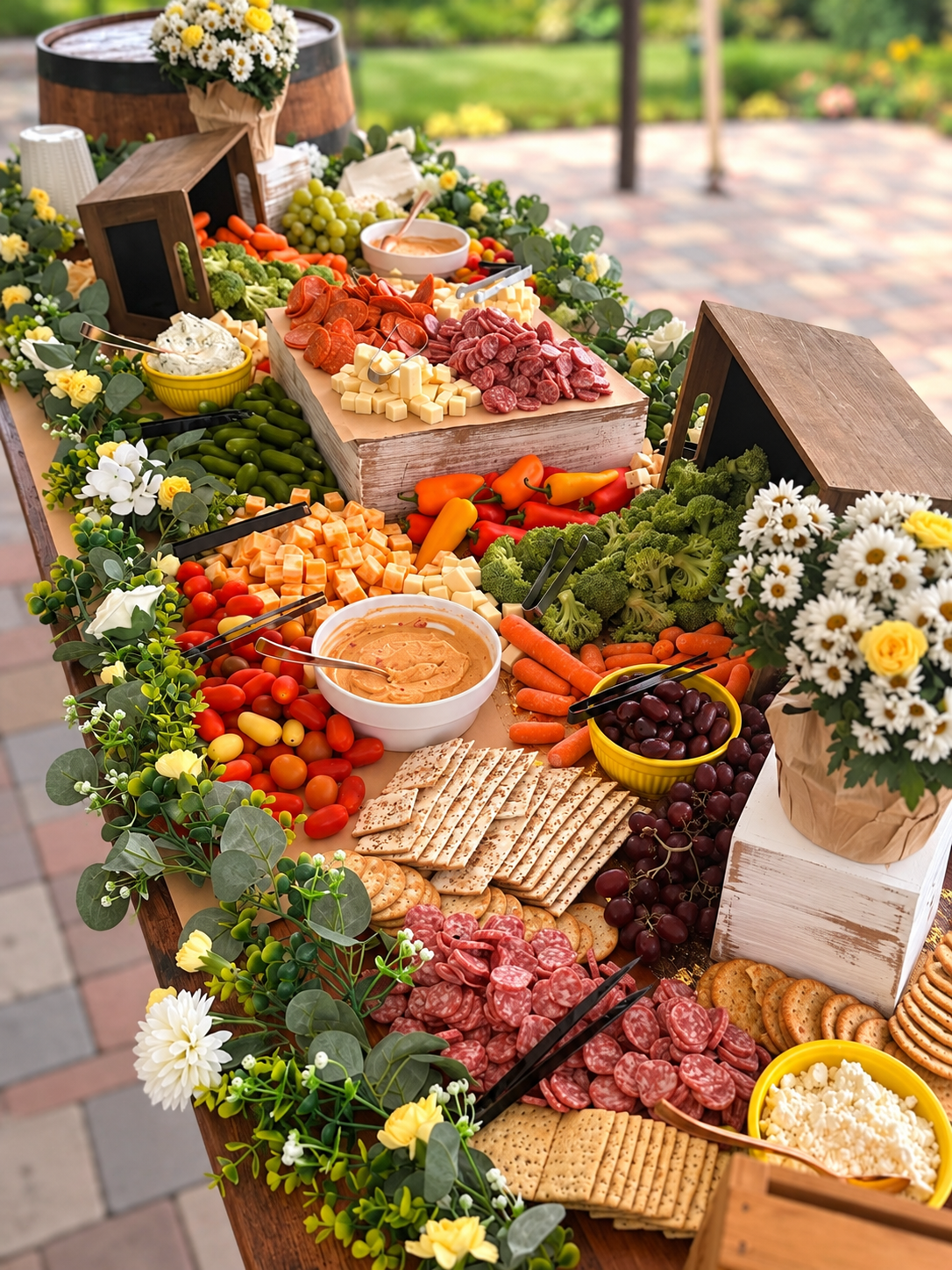 Abundant outdoor grazing table with meats, cheeses, vegetables, fruit, crackers, and dips