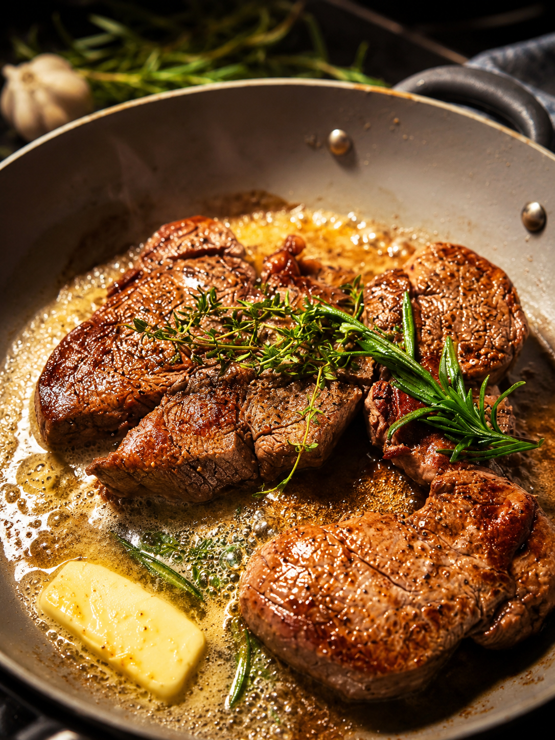 Seared steak with rosemary and thyme