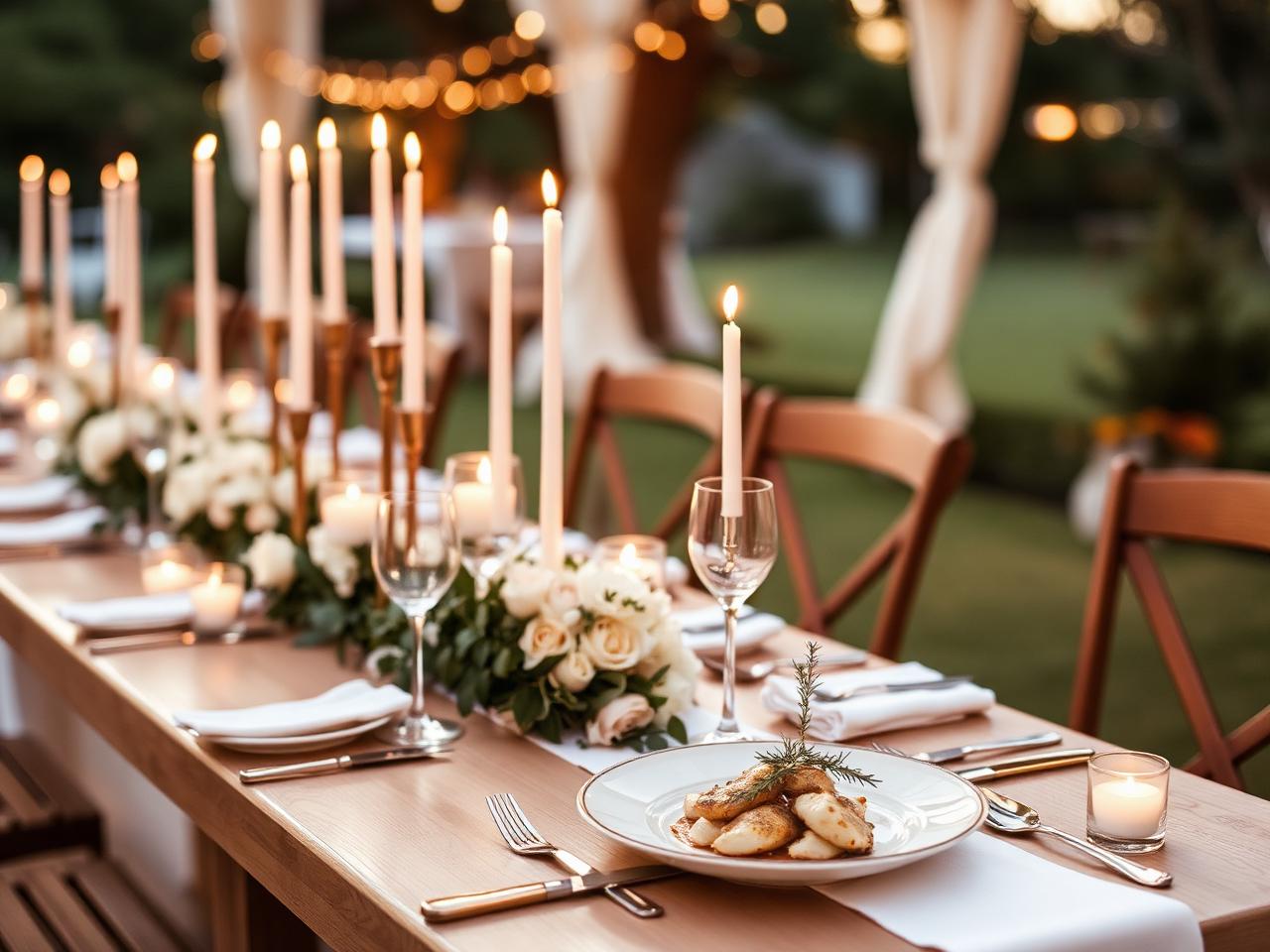 Elegant wedding reception table setting with candles and florals